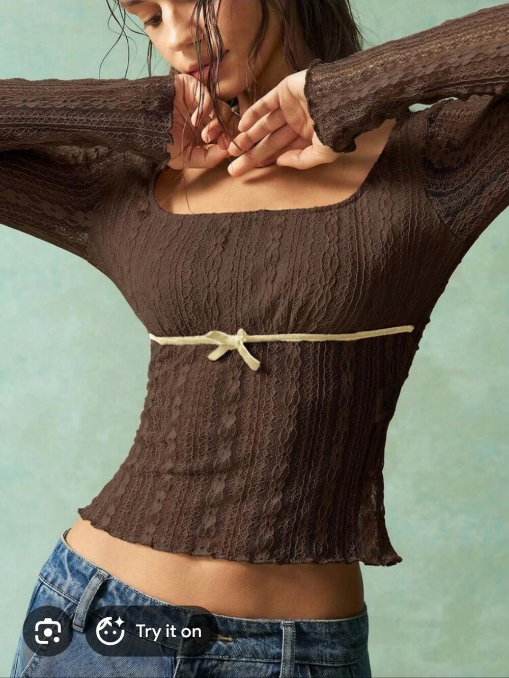 SHEIN Brown Boho Sheer Lace Long Sleeve Top Size XL